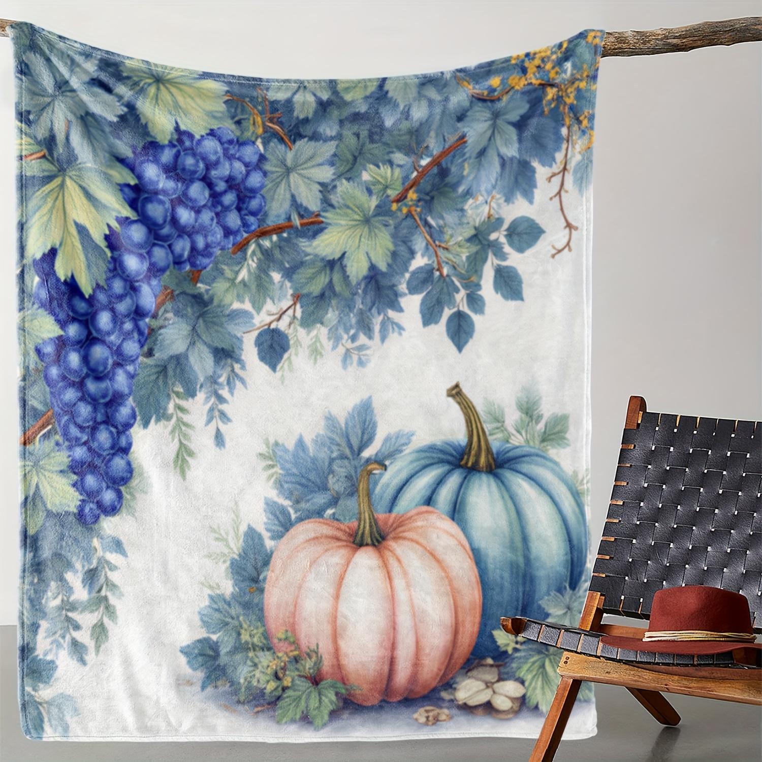 1pc Sdoo Flannel Blanket - Soft Warm Throw with Vintage Fall Harvest Design (Grapes, Pumpkins, Leaves) - All-Season Couch, Bed, 75x90cm