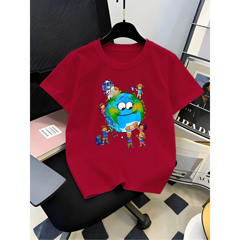 European sizes 1pc Earth Day Clean Heal Protect Earth T-shirt for Boys and Girls, Casual Children's Apparel, Perfect for Birthday Gifts, Daily Wear
