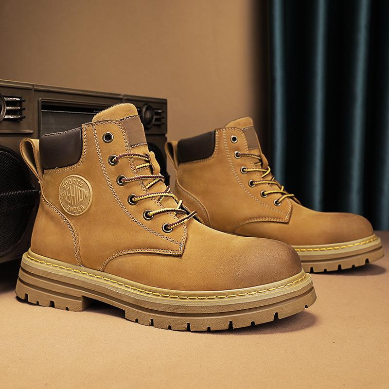 Leather Thick-soled Heightening Martin Boots Women's Couple's Big Yellow Boots Men's Locomotive Shoes High-top Outdoor Tooling Short Boots