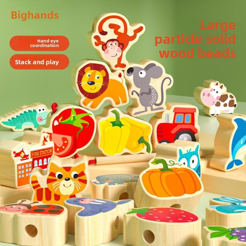 Children Wooden Stacking Blocks Toys Animal And Fruit Beads For Cognitive Play
