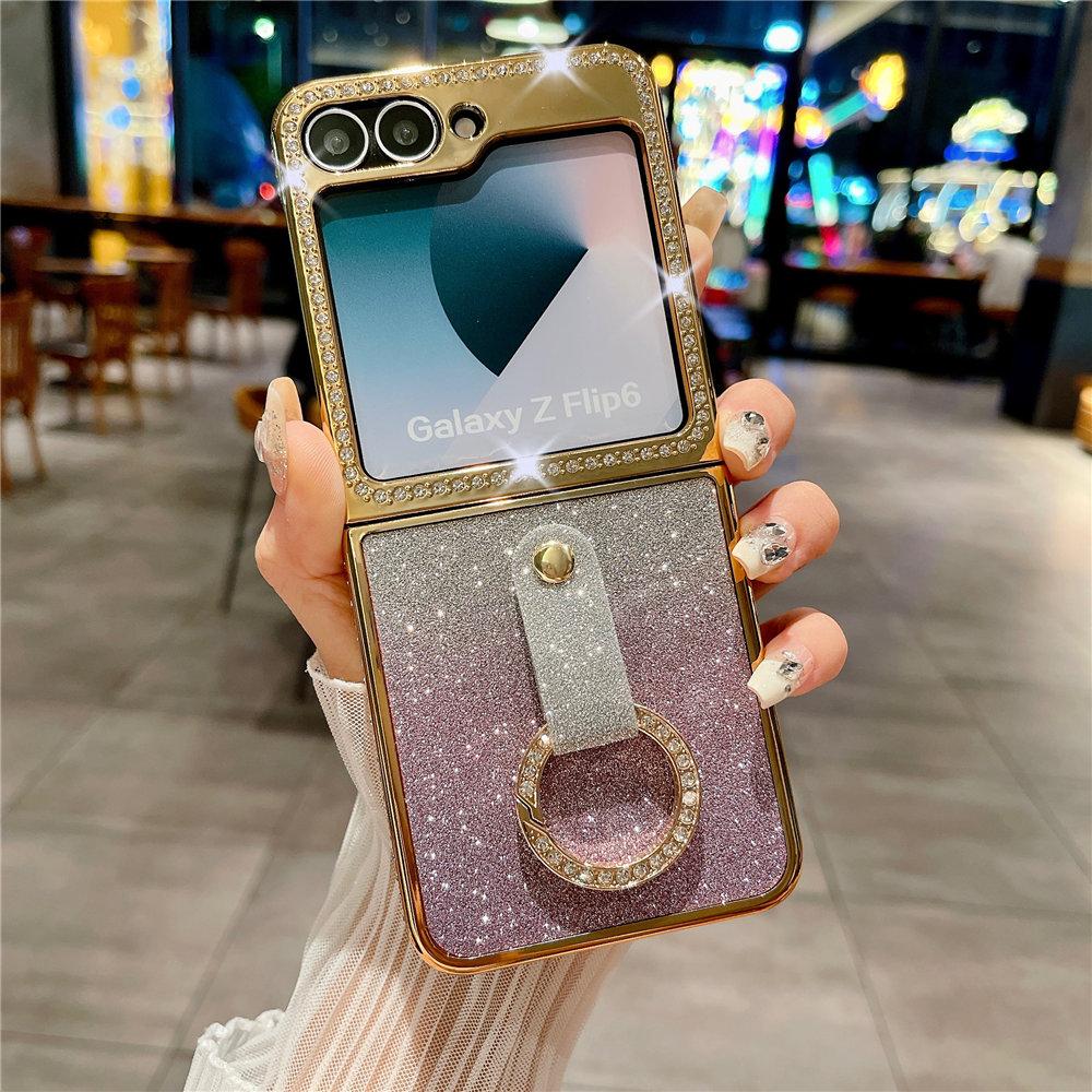 Leather Plating  Ring Phone Case For Samsung Galaxy Z Flip 7 6 Flip 5 Zflip 4 3 Bling Diamond Shockproof Cover Funda