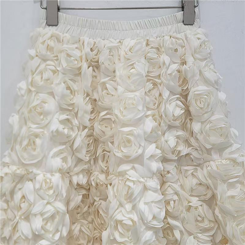 Elegant High-Waist 3D Rose Midi Skirt - Versatile and Fashionable Summer Style