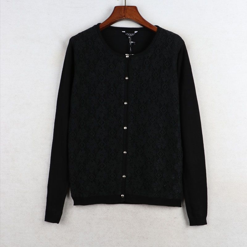 

Export Fashion round Neck Long Sleeve Cardigan Lightweight Sweater Lace Black S: Bust size 90-96