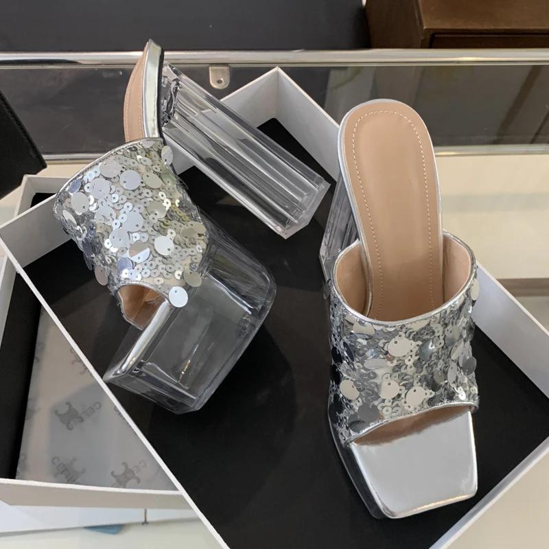 Eilyken Pailletten Damen Hausschuhe Sommer Plateau Eckige Zehen Pantoletten Schuhe Design Kristall Transparent Hohe Absätze Sandalen