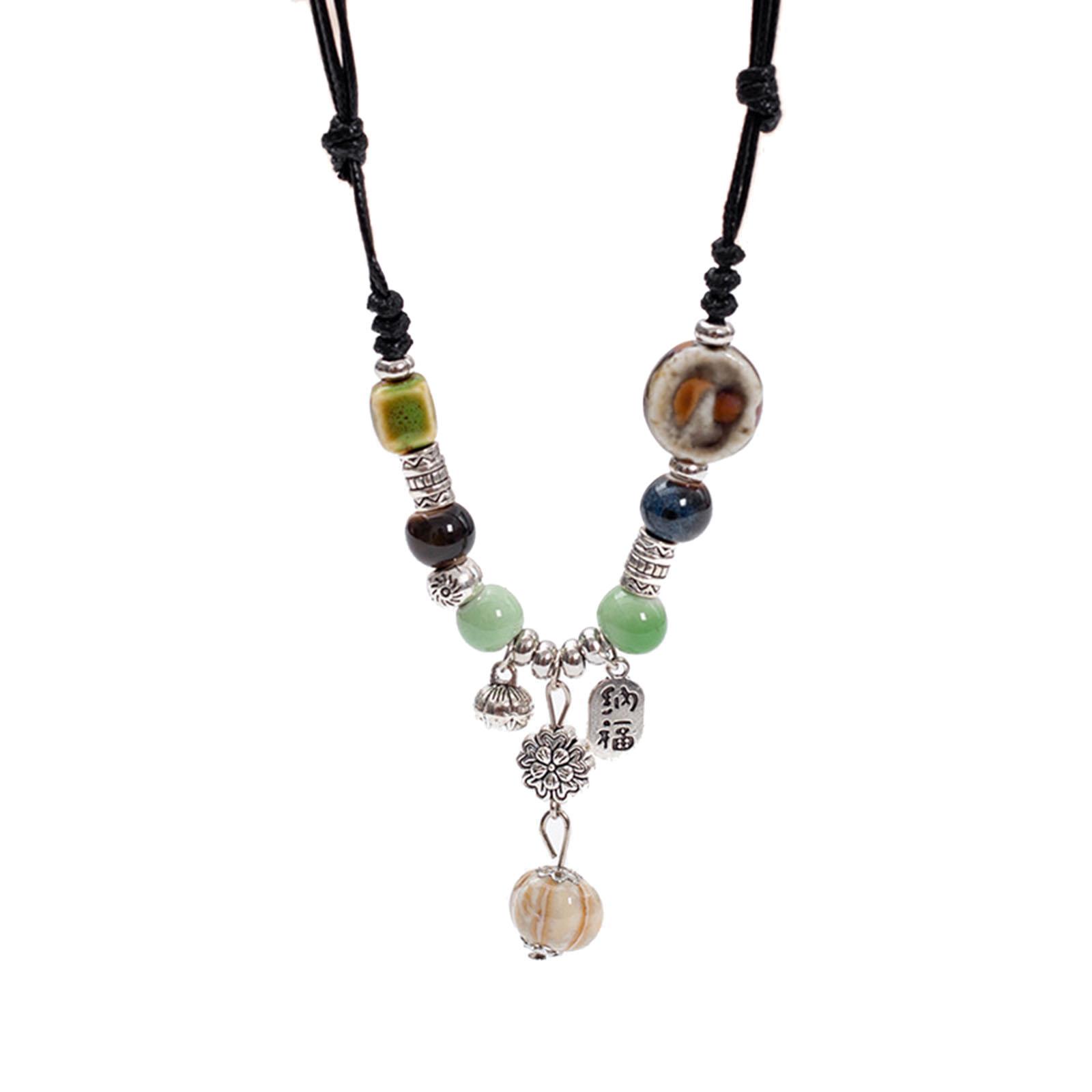 Bohemian Ethnic Style Necklace Handmade Ceramic Bead Waterdrop Pendant Choker Adjustable Size Bohemian Necklace Women