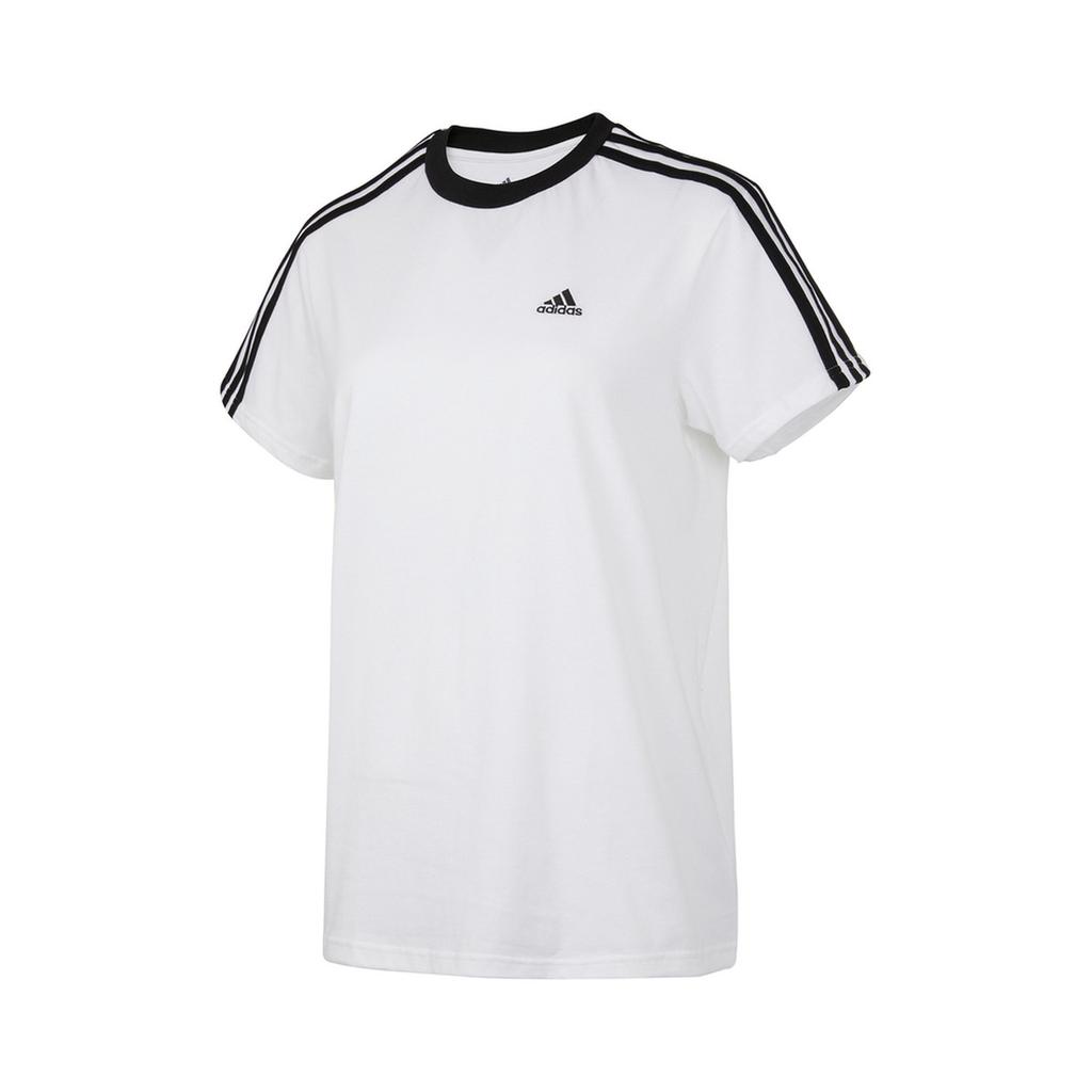 Adidas Logo Print Striped Crew Neck Pullover Short Sleeve T-Shirt Women Tops White H10201