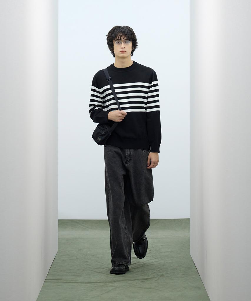 IRONYPORNO WHITELINE 86-Iroj366 Solid Striped Long Sleeve Knit Black