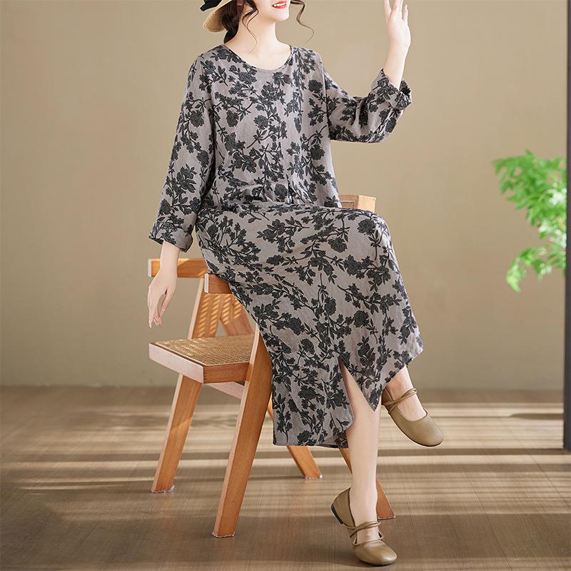 Women s Plus Size Pure Cotton Printed Long Sleeve Dress 2XL