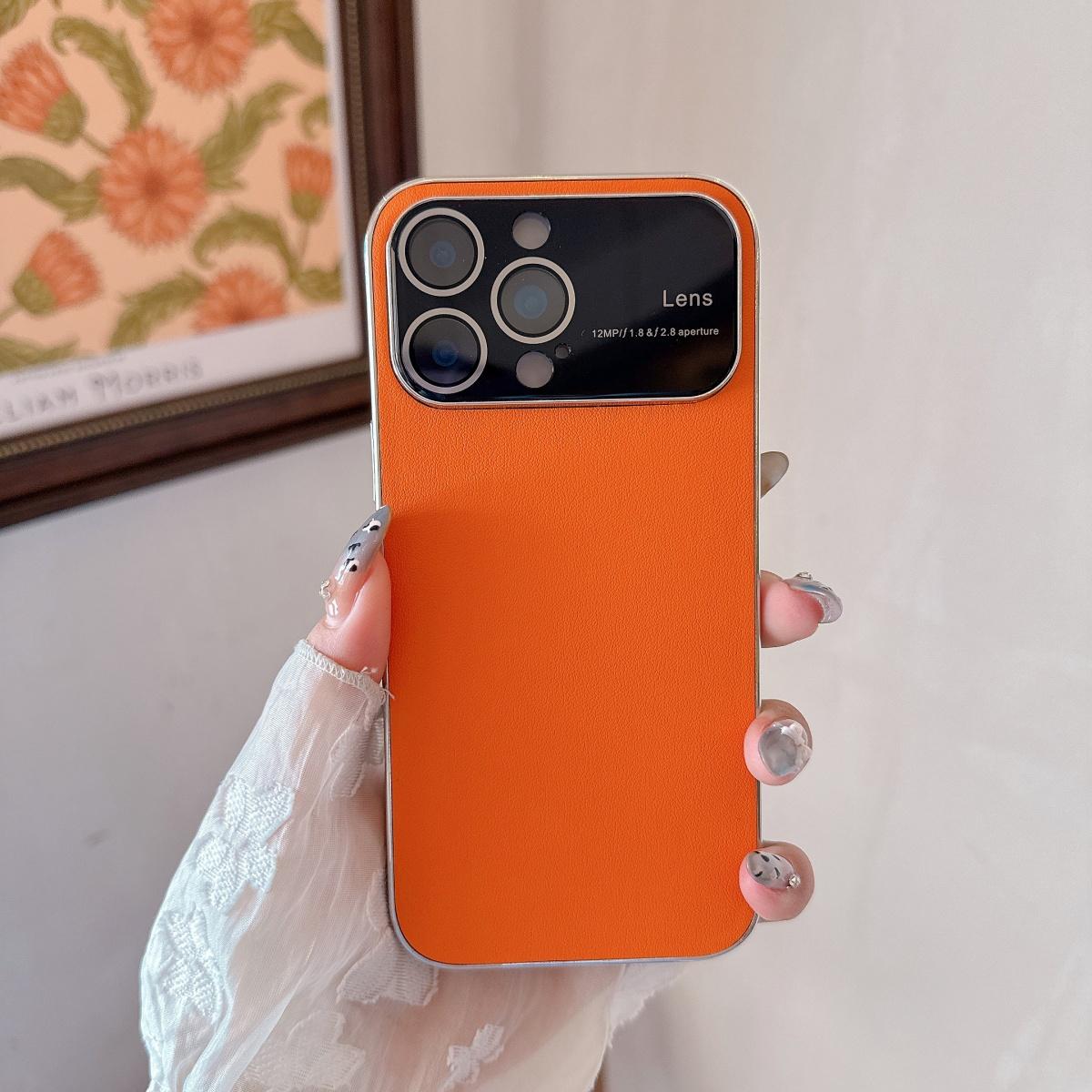 

Официальный оранжевый чехол из веганской кожи для iPhone 17 Air 16 15 14 13 12 11 Pro Max Plus, роскошная стеклянная крышка с большим окном, бампер iPhone 11