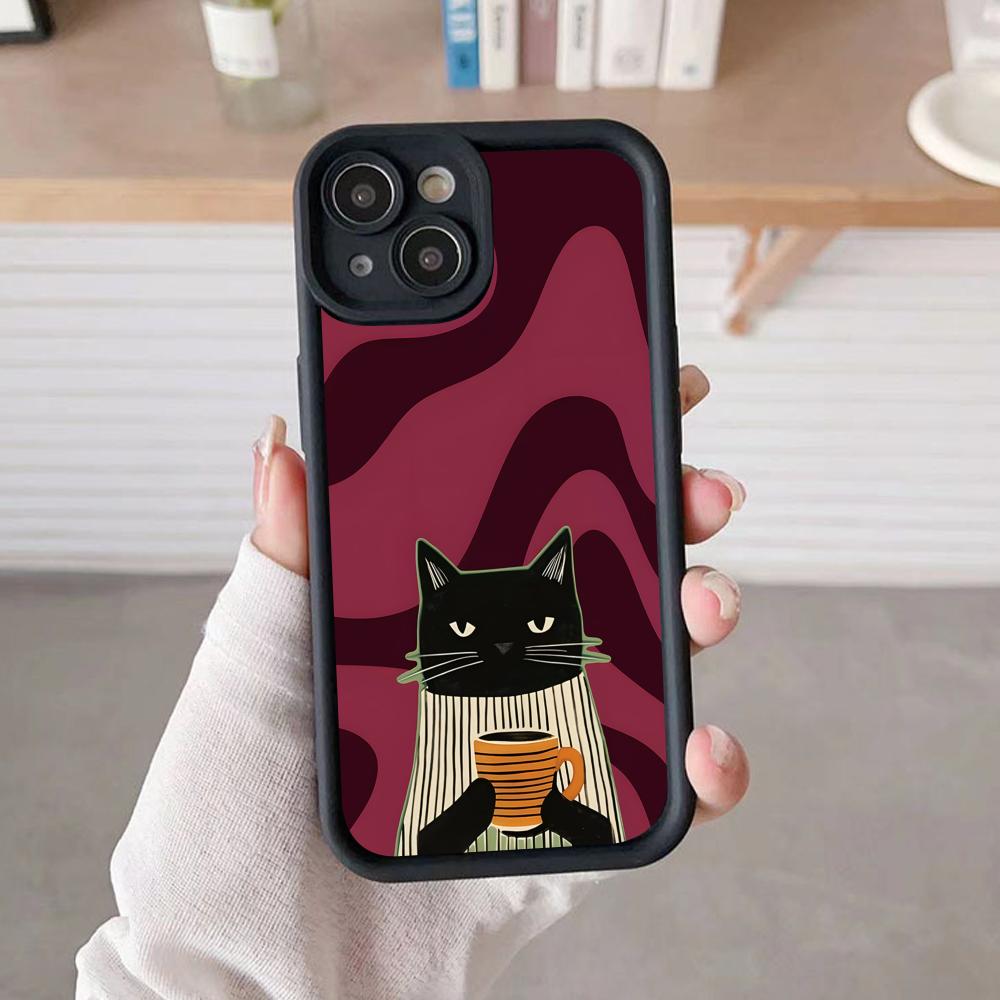 Cute Coffee Cat Thicken TPU Mobile Phone Case for iPhone 17 16 15 14 13 12 11 Air Pro Max Plus Colorful Cover