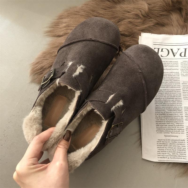 Fashion 2024 Autumn and Winter New Fashion Leather Women Plus Velvet Retro Bean Shoes Women Cotton Shoes Women Flat Shoes