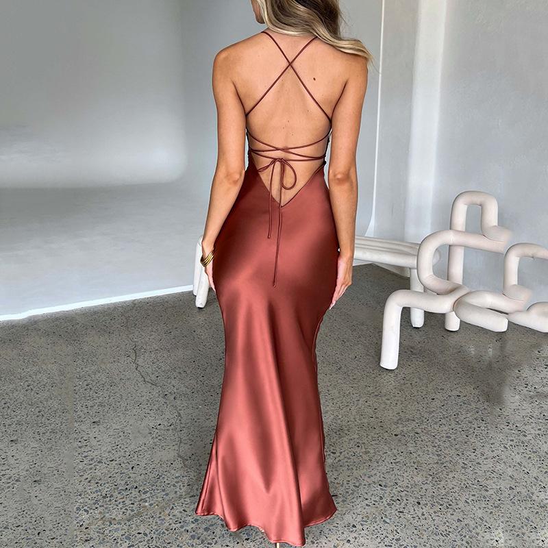 European and American Summer Temperament Sexy Suspender High Elasticity Satin Backless Strap Slim Long Dress