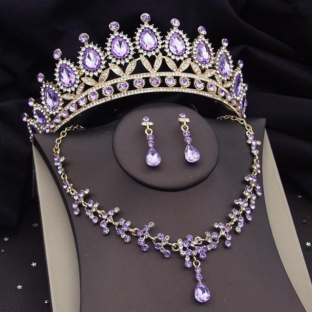 

Золотые цвета фиолетовые кристаллы свадебные комплекты ювелирных изделий для женщин тиара корона ожерелье комплект невесты свадебные серьги комплекты ювелирных изделий аксессуары