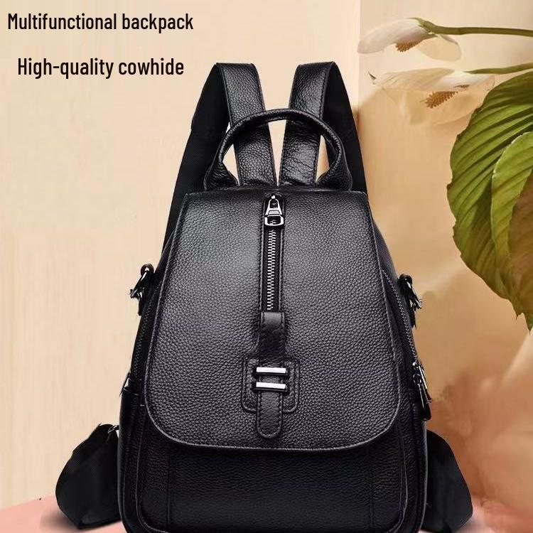 

Женский рюкзак из натуральной кожи высокого класса - Мода 2025, Мягкая коровья кожа, Защита от краж, Дизайн с клапаном чёрный