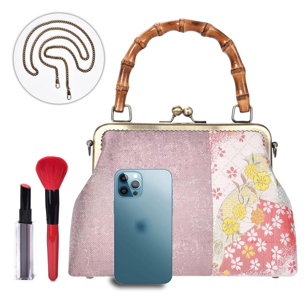 Purse Tote Shoulder Bag Cherry Blossom Floral Pattern Gold Brocade Japanese Pattern Handbag Purse Crossbody Lightweight Large Birthday Light Pink