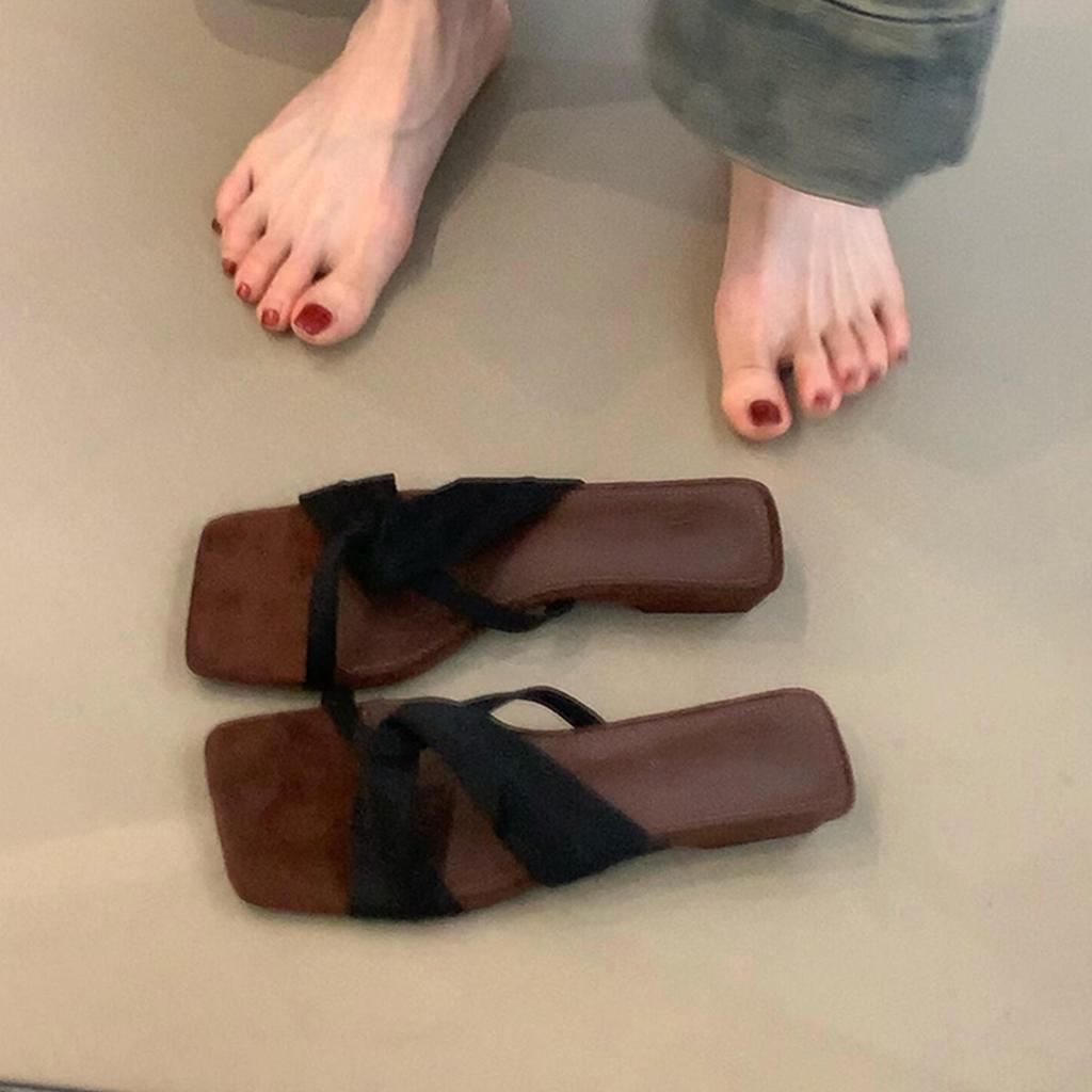 Vintage cross with simple open-toed sandals women's low-heeled square head outer wear comfortable slippers