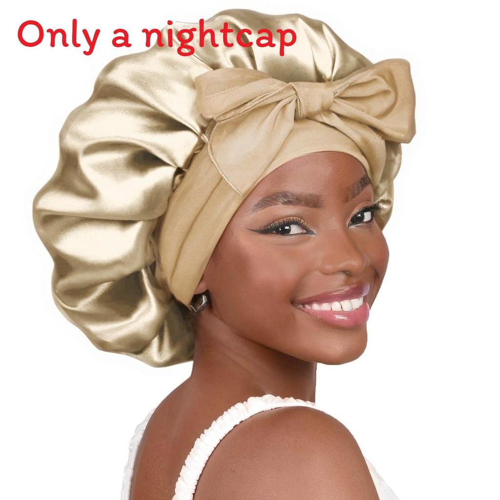 Bonnet de Nuit en Satin pour Femmes avec Nœud Papillon Lien Réglable Soin des Cheveux Bonnet de Nuit Doux en Soie