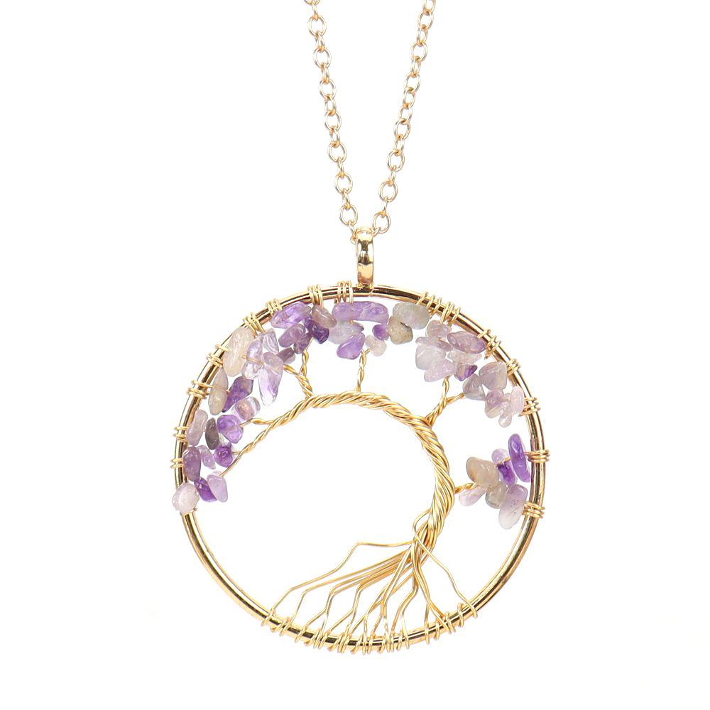 Gold Wire-Wrapped Tree of Life Necklace with Natural Crystal Crushed Stone