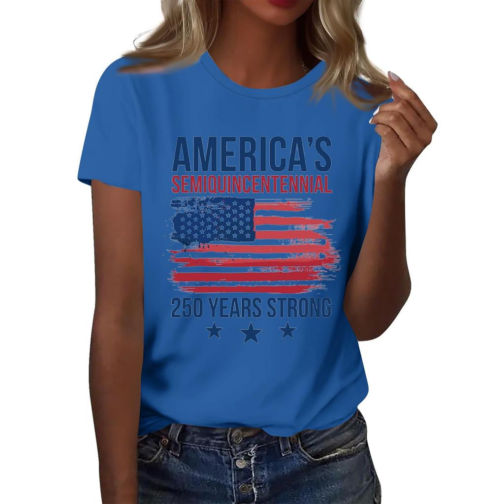 Women's Casual Short Sleeve Graphic T Shirt Crew Neck Top America Semiquincentennial 250 Years Strong Print Tee