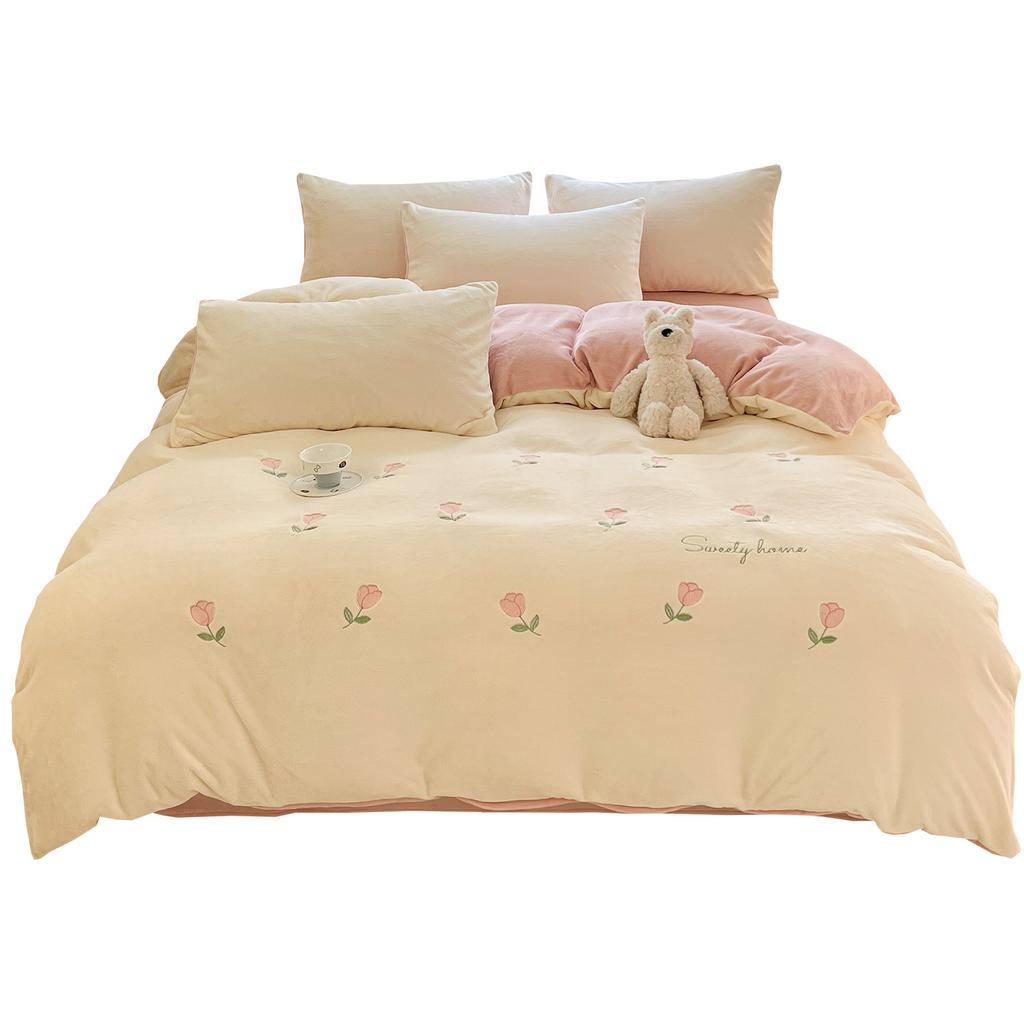 Thickened Milk Fleece Four-Piece Set, Embroidered Coral Fleece Quilt Cover, Thermal Bedding, Fleece Bed Sheet Three-Piece Set