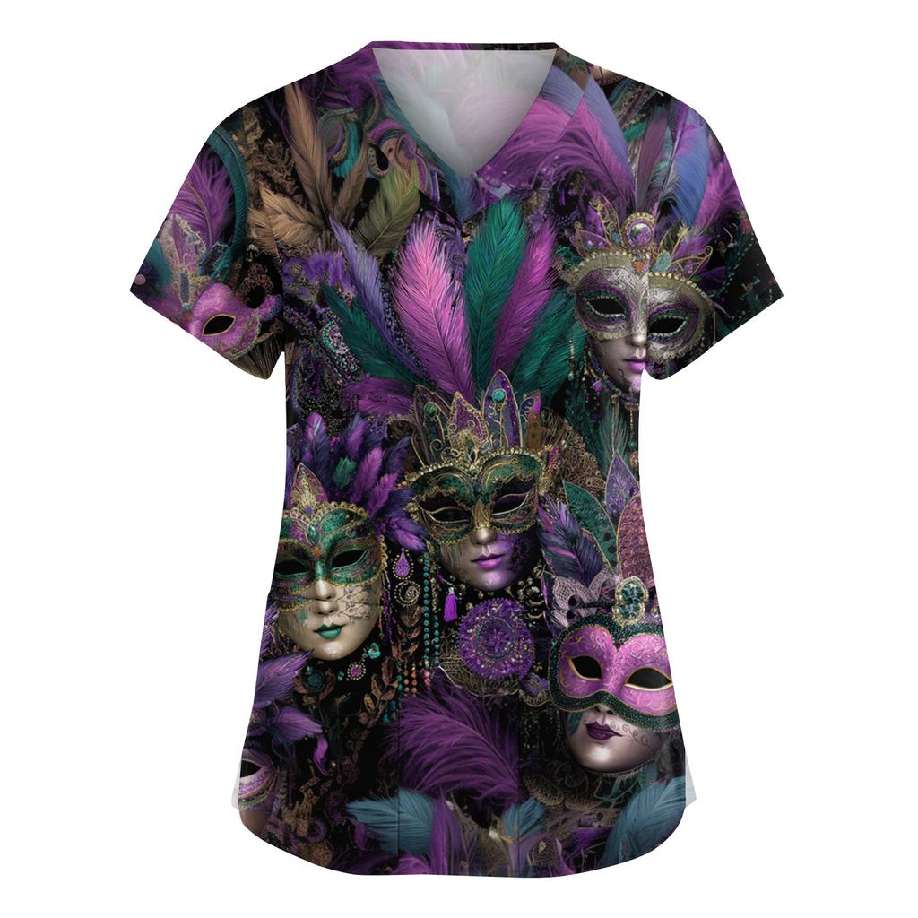 Dammode V-ringad Kortärmad Overall Med Fickor Tryckta Toppar Kläder