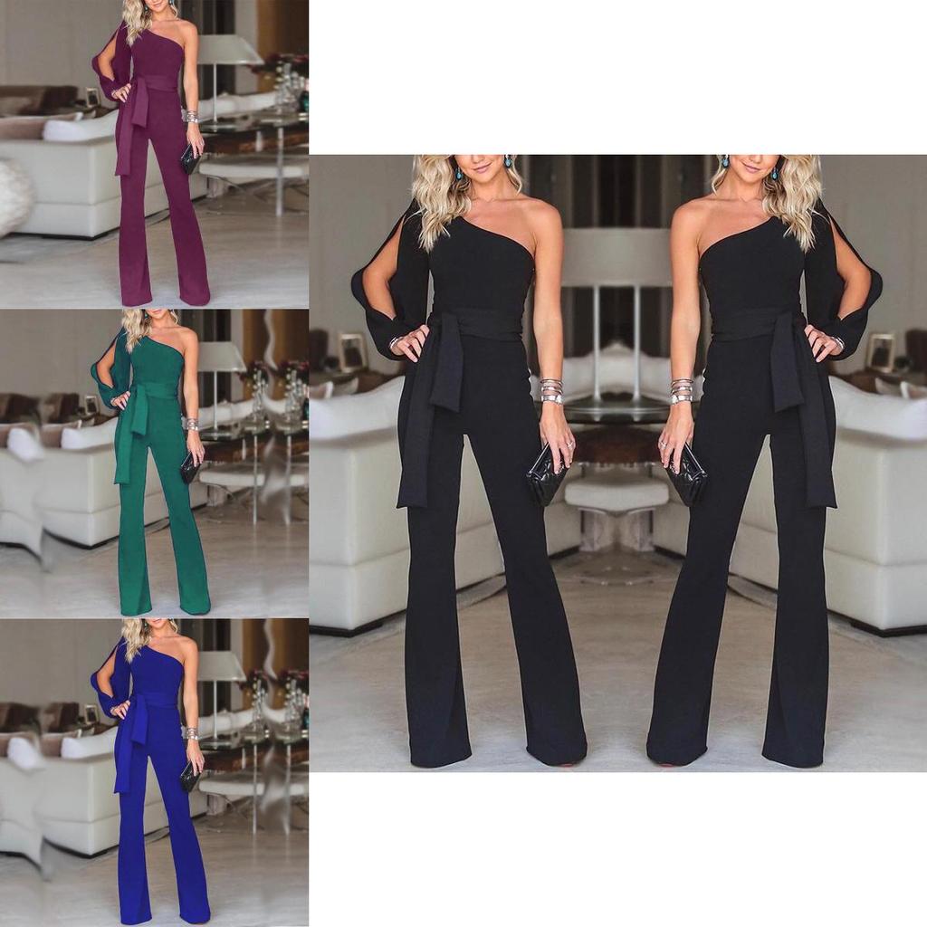 Elegant Women Tied Waist Flared Jumpsuits Fashion One Shoulder Sexy Rompers For Effortless Style