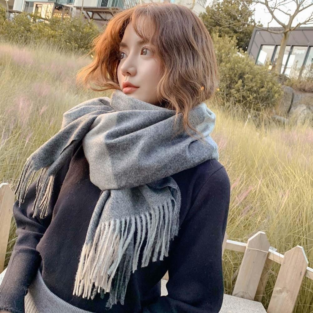 Polyester Knitted Wool Scarf Soft Long Neckscarf with Tassel Soft Classic Plaid Scarf  Women