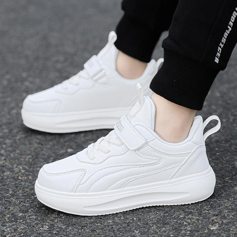 Boys' Lightweight Sneakers 24 Years Autumn and Winter Velcro Leather Waterproof Middle School and Older Children's Students White Shoes Running Shoes