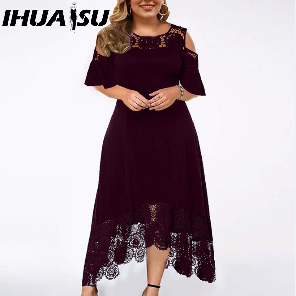 IHUASU Embroidery Lace Patchwork Plus Size Women Dress Flared Short Sleeve Cold Shoulder High Waist