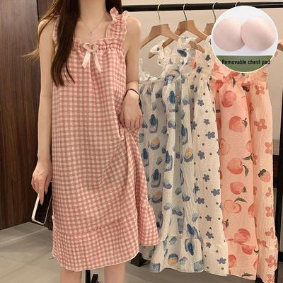 Damen Sommer Süßes Bubble Baumwoll Nachthemd mit Brustpolster Spaghettiträgern - Leichte, Stilvolle Homewear für Drinnen und Draußen