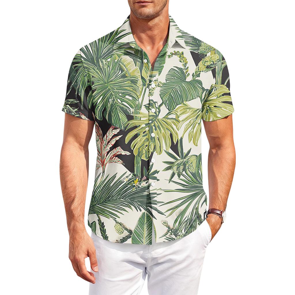 Casual losvallend herenshirt met korte mouwen, tropische bloemenprint, knoopsluiting, voor zomer, strand, buiten
