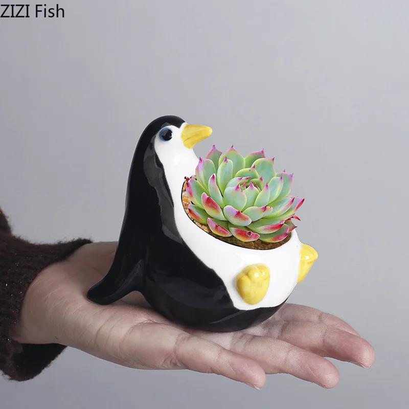 Painted Cartoon Penguin Ceramic Vase Small Plant Pots Table Decoration Flowers Arrangement Flower Vase Room Aesthetic Decor