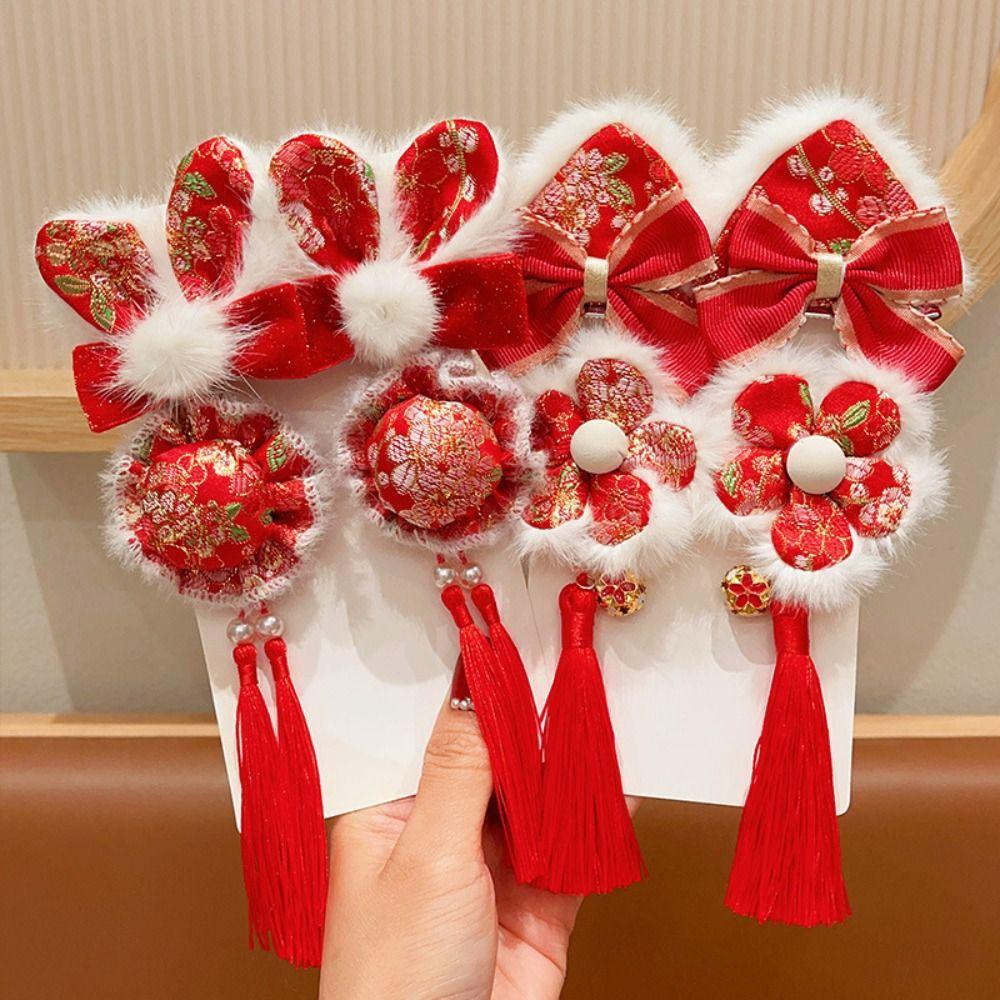 Tassel Children Red Bow Hairpin Cat Ears Hanfu Hair Sticks Chinese New Year Headwear  Children