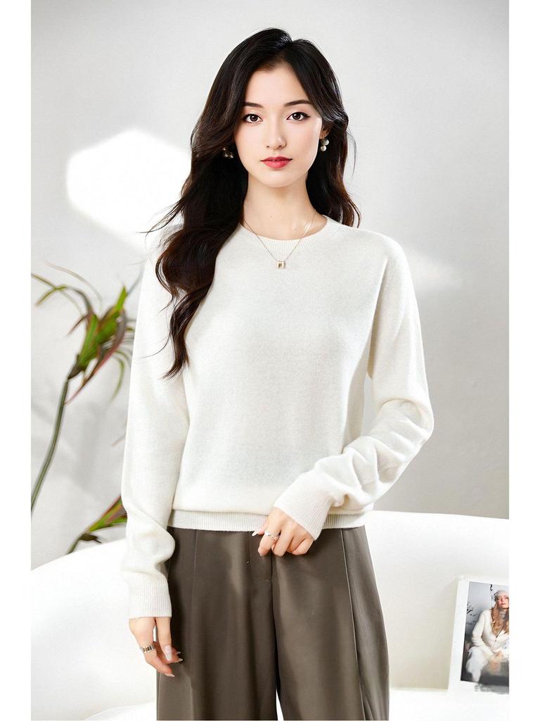 Dámský měkký kašmírový svetr s dlouhým rukávem a kulatým výstřihem - Módní, všestranný a pohodlný úplet.