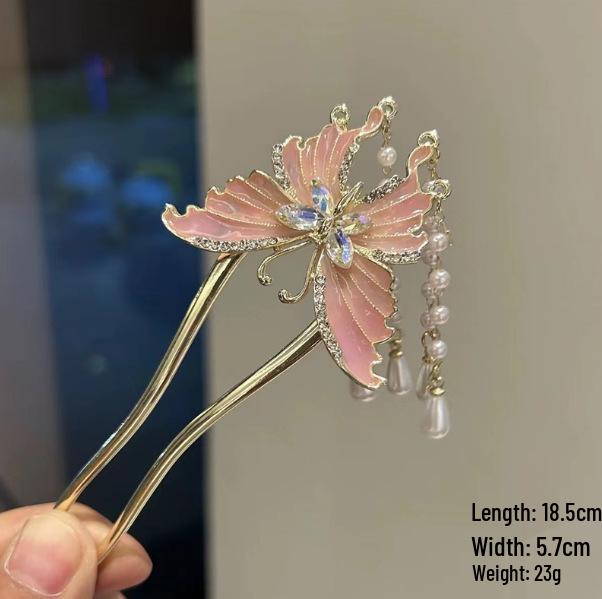 Épingle à cheveux vintage en forme de U avec pompon paon pour femmes - Épingle à chignon nacrée pour Cheongsam et Hanfu