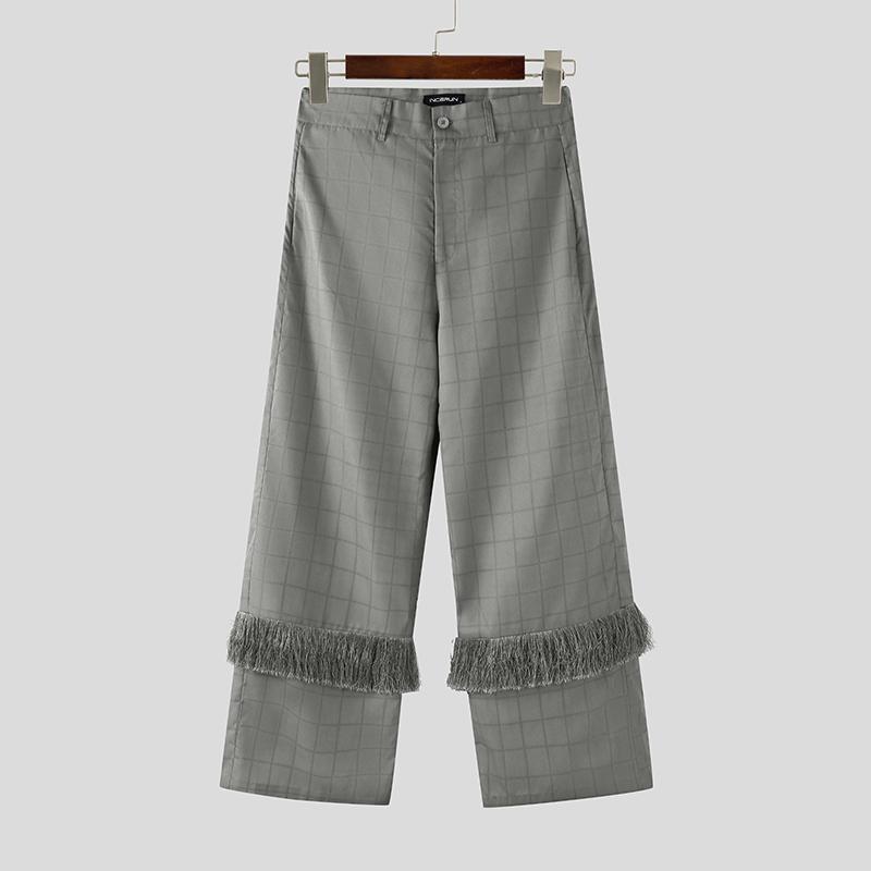 INCERUN Men Zip-up High Waist Plaid Print Tassel Casual Long Trousers Pants