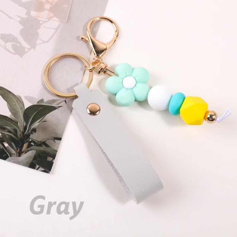 Custom Silicone Flower Beads Keychain Soft PU Leather Anti-Scratch Bag Pendant Lovely Gift for Women Valentine's Day