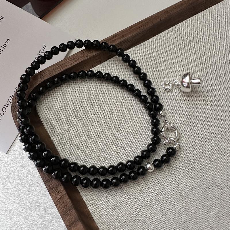 

S925 Sterling Silver Mushroom Necklace Japanese Cute Blogger Cold Black Agate Collarbone Chain Jewelry 925 silver