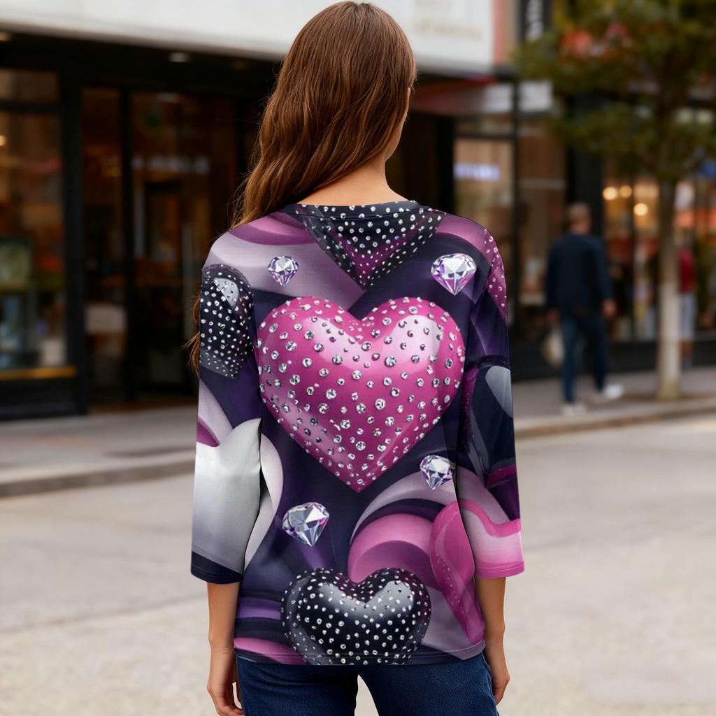 Damen Valentinstag Print Mode Lässig 3/4 Ärmel Rundhals Oberteil