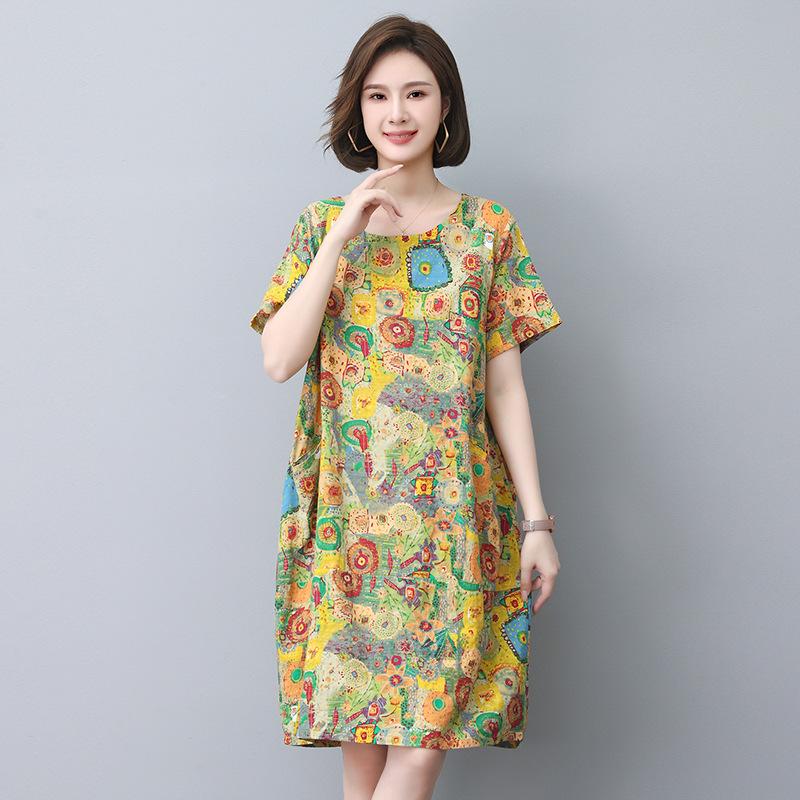 Summer 2025 Retro Print Cotton Linen Dress - Loose Fit for Middle-Aged and Elderly Women