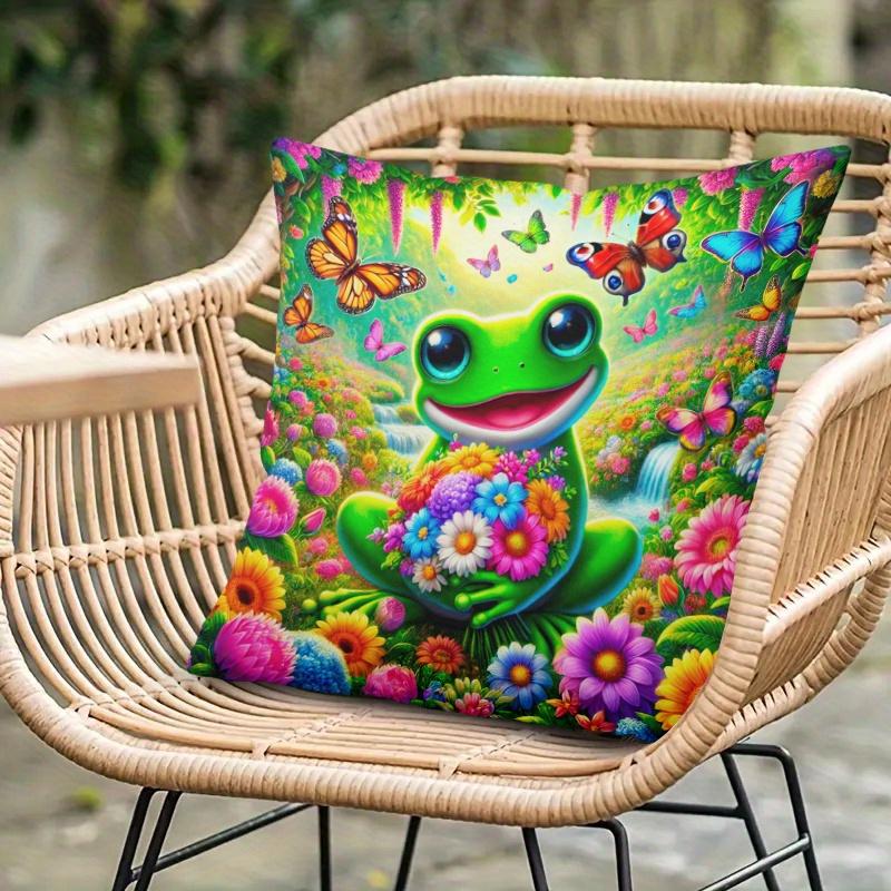 1Pc Cartoon Frog Holding Flowers Butterfly Throw Pillow Cover,Suitable For Bedroom,Living Room,A Healing Gift For Nature Lovers