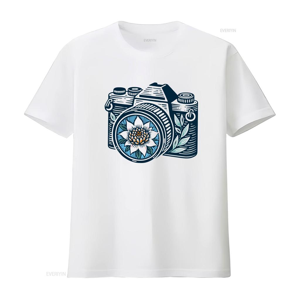 Vintage Boho Floral Camera Print Casual Photography Lover T Shirt vintage Washed fashion streetwear Slightly Breathable