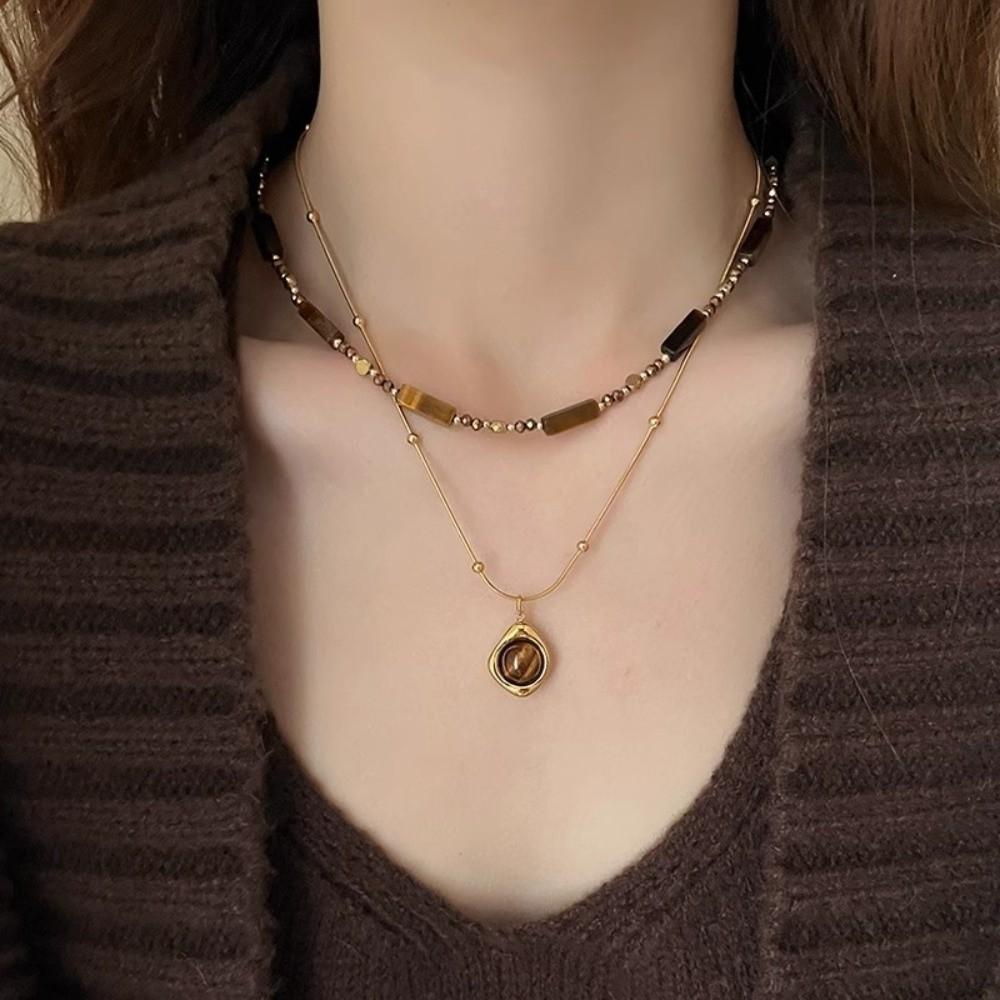 Stacking Tiger Eye Stone Pendant Necklace Temperament Layered Clavicle Chain Retro Sweater Chain