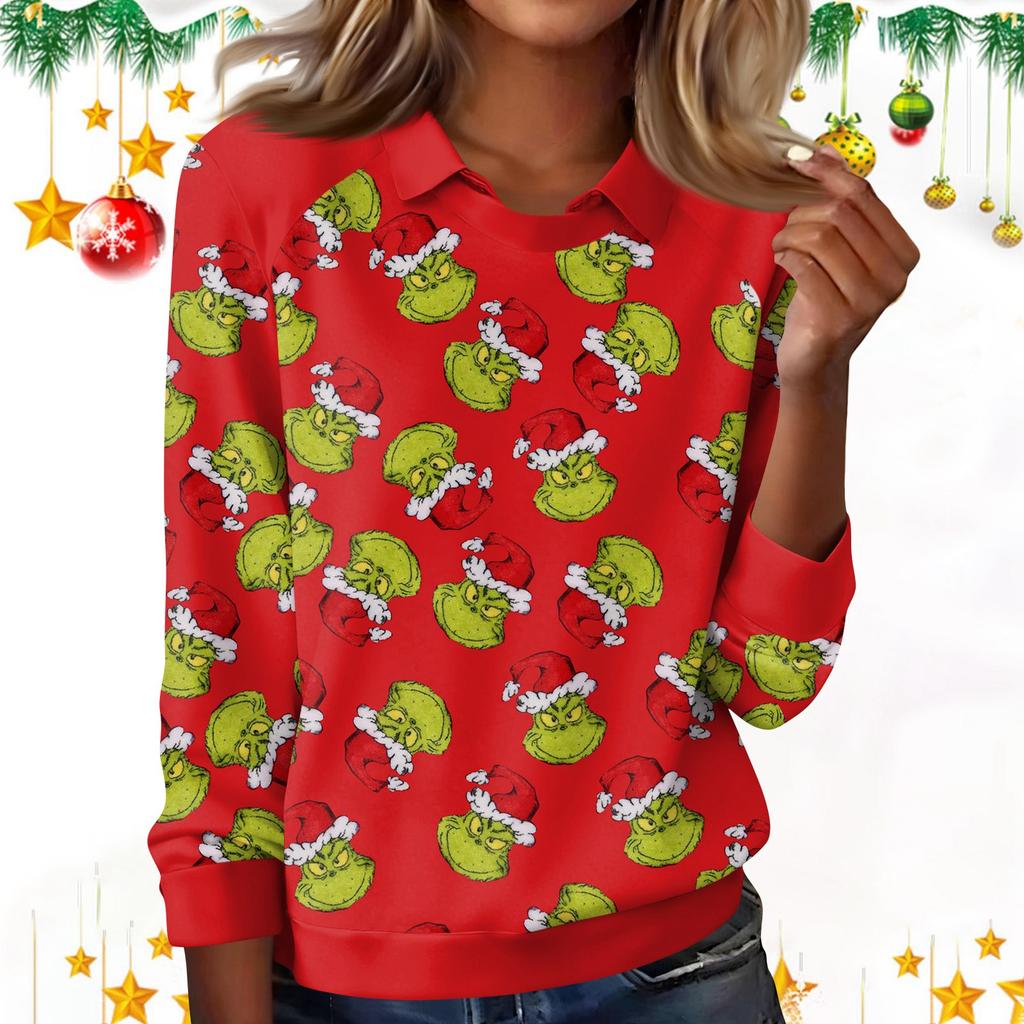 Women's Fashion Christmas Print Lapel Long Sleeve Casual Crewneck T-Shirt Top
