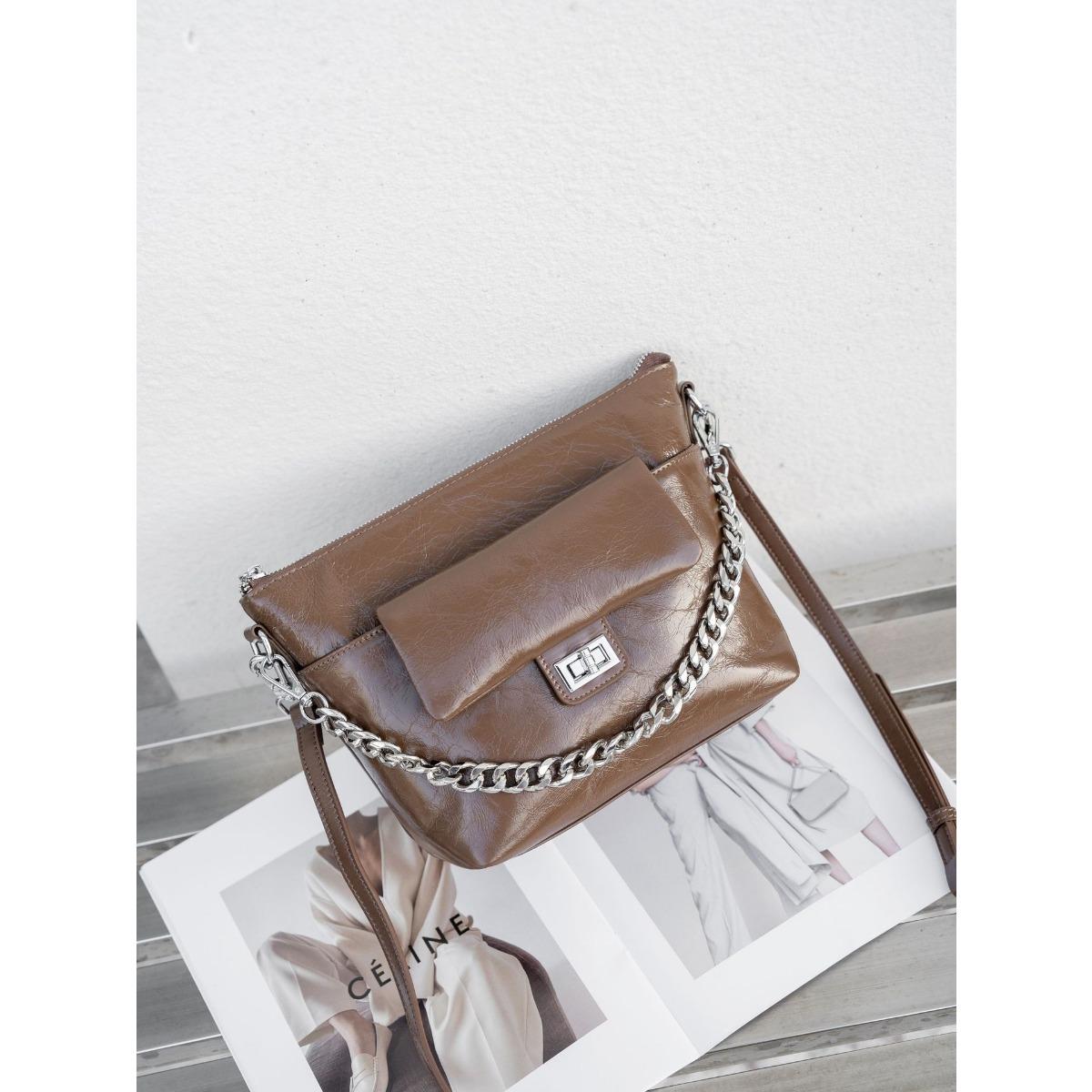 

Cowhide Single Shoulder Crossbody Women, Women s Fashion Generous Shell Bag Zipper Soft Leather Bright Leather Chain хакі