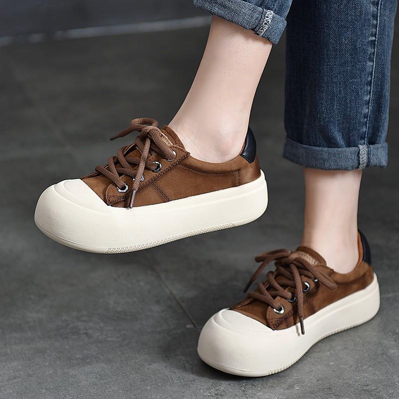 Johnature Genuine Leather Casual Women's Shoes Versatile Lace Up Round Toe Thick Soled Flat Shoes