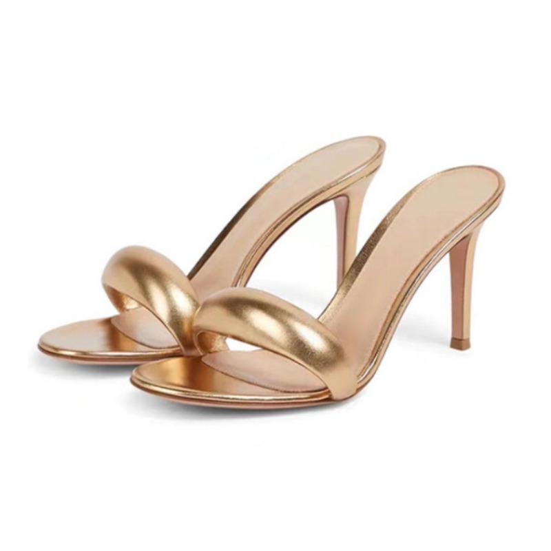 Fashion Brand Design Simple Solid Color Women's Slippers 2024 Summer New High Heel Black Gold Round Head Women's Sandals Size 34-46