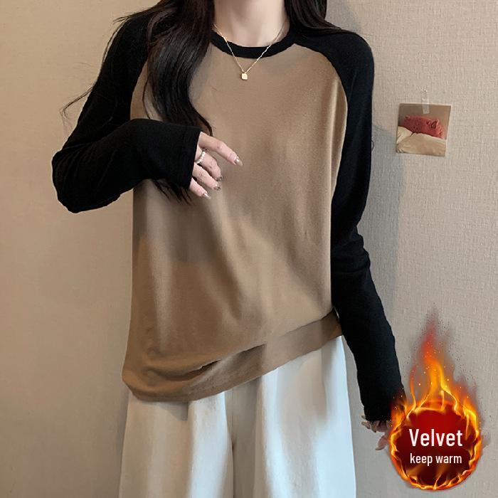 Women's Korean Style Round Neck Raglan Long Sleeve Warm Slimming Base Layer Top
