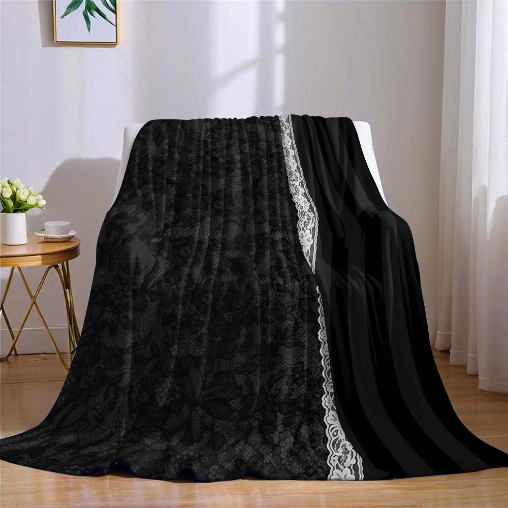 Black Lace Trim Flannel Blanket Warm Soft Halloween Christmas Couch Warm Cozy Decorative Decor Gift for All Season