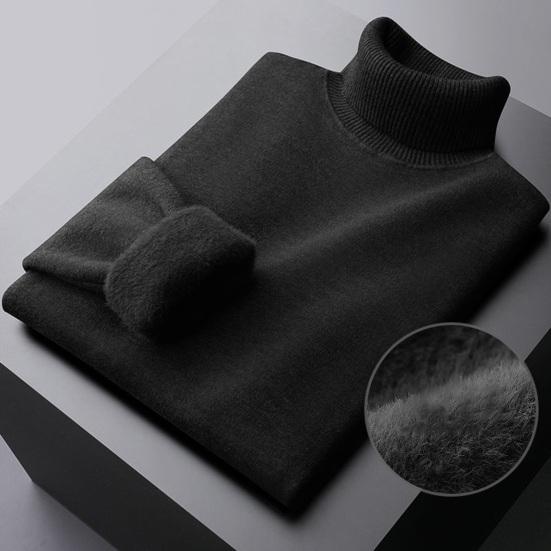 Fall Winter Men Sweater Half-High Collar Knit Thick Plush Lining Elastic Long Sleeves Warm Solid Color Bottoming Knitwear Loose Daily Wear Sweaterts